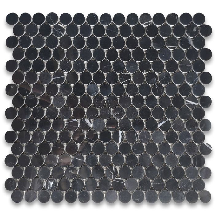 Nero Marquina Black Marble 3/4 inch Penny Round Mosaic Tile Honed