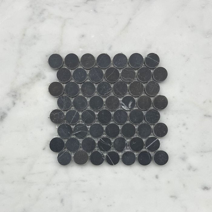 (Sample) Nero Marquina Black Marble 3/4 inch Penny Round Mosaic Tile Honed