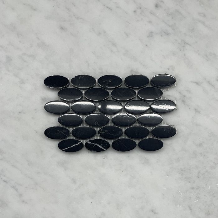 (Sample) Nero Marquina Black Marble 1-1/4x5/8 Oval Ellipse Mosaic Tile Polished