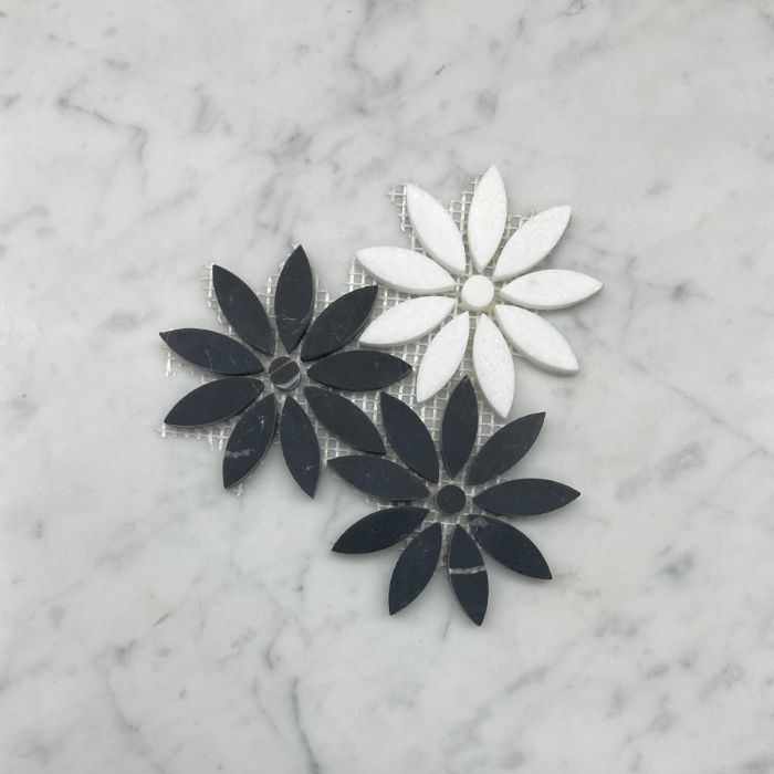 (Sample) Nero Marquina Black Thassos White Marble Daisy Field Flower Waterjet Mosaic Tile Honed