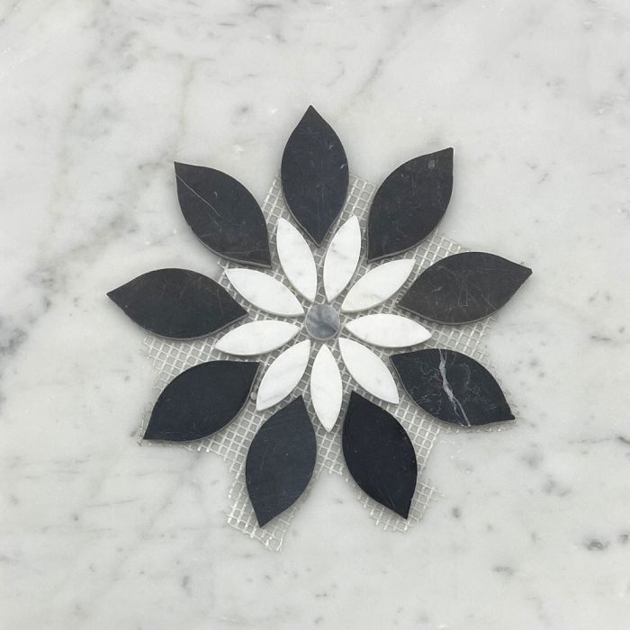 (Sample) Nero Marquina Black Marble Wildflower Rain Flower Waterjet Mosaic Tile w/ Carrara White & Bardiglio Gray Honed