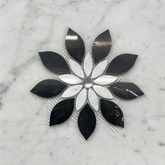 (Sample) Nero Marquina Black Marble Wildflower Rain Flower Waterjet Mosaic Tile w/ Carrara White & Bardiglio Gray Polished