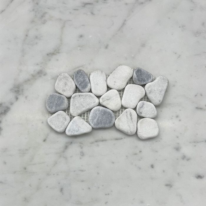 (Sample) Carrara Mix Bardiglio Grey Marble River Rocks Pebble Stone Mosaic Tile Tumbled