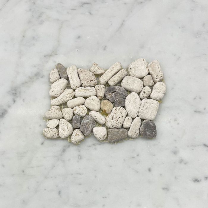 (Sample) Travertine Mix Emperador Dark Marble River Rocks Pebble Stone Mosaic Tile Tumbled