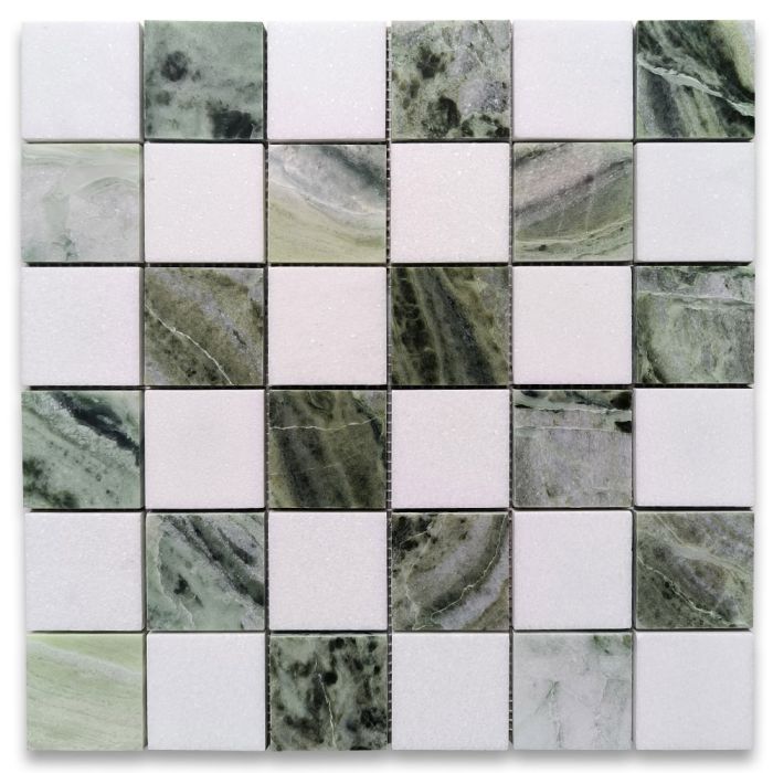 Sagano Vibrant Green Thassos White Marble 2x2 Checkerboard Mosaic Tile Honed