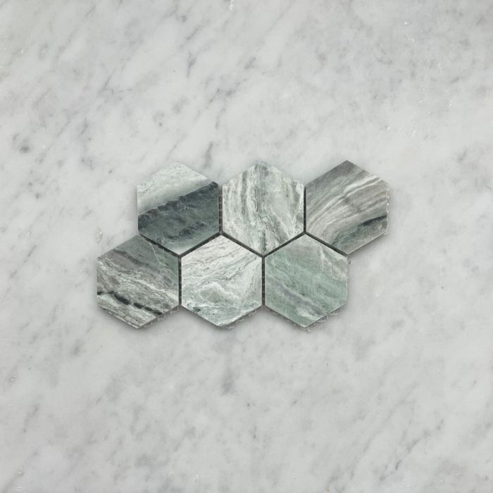 (Sample) Sagano Vibrant Green Marble 2 inch Hexagon Mosaic Tile Honed