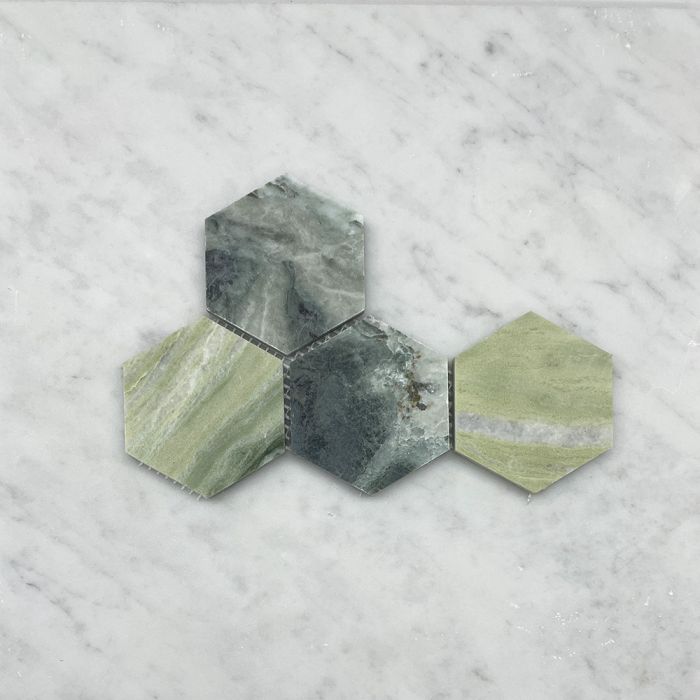 (Sample) Sagano Vibrant Green Marble 3 inch Hexagon Mosaic Tile Honed