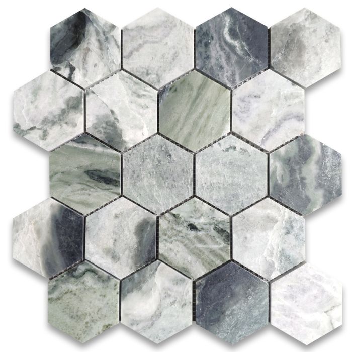 (Sample) Sagano Vibrant Green Marble 3 inch Hexagon Mosaic Tile Honed