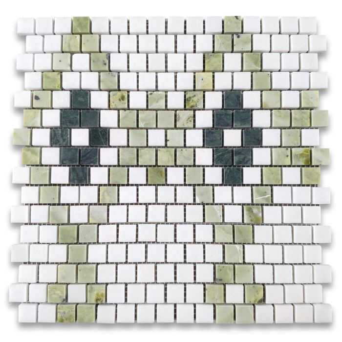 Thassos White Marble 5/8x5/8 Square Diamond Mosaic Tile w/ Green Marble Honed