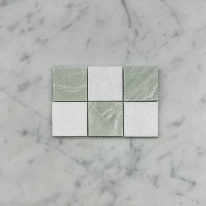 (Sample) Thassos White Green Jade Marble 2x2 Checkerboard Mosaic Tile Honed