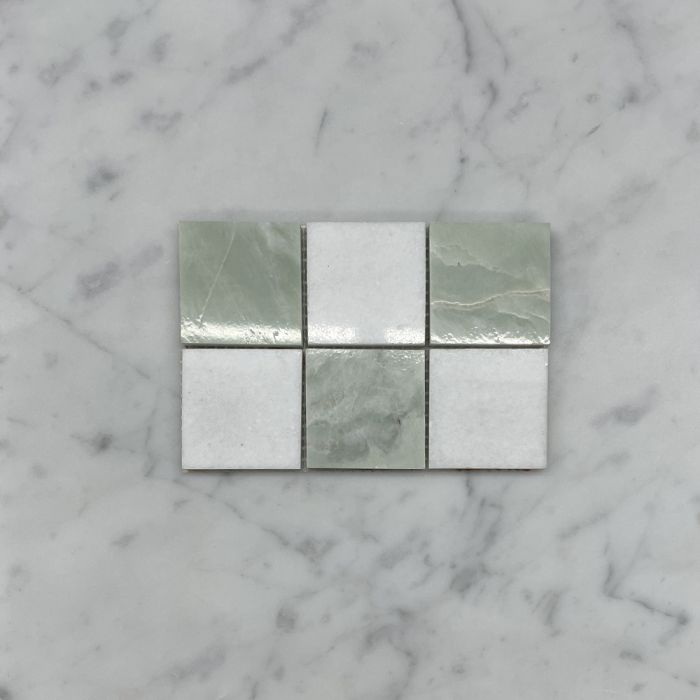 (Sample) Thassos White Green Jade Marble 2x2 Checkerboard Mosaic Tile Polished
