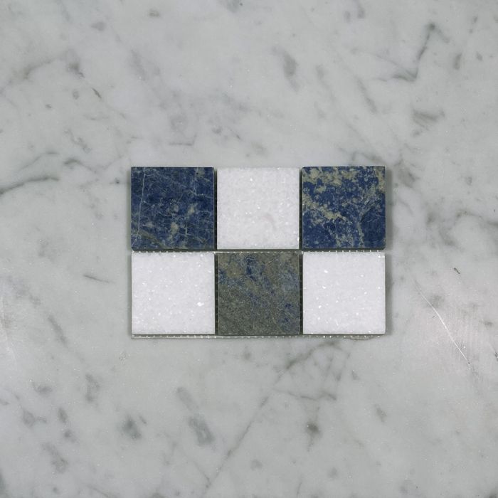 (Sample) Thassos White Azul Macaubas Blue Marble 2x2 Checkerboard Mosaic Tile Honed
