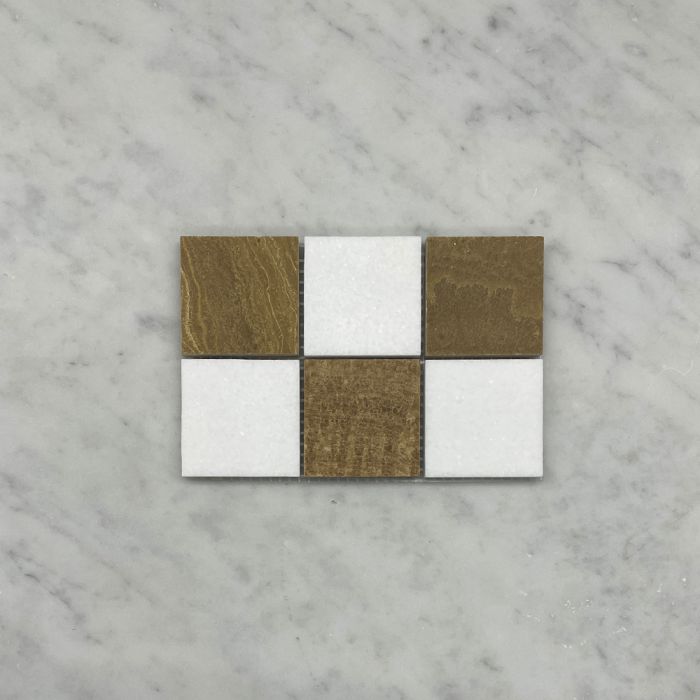 (Sample) Thassos White Yellow Woodgrain Marble 2x2 Checkerboard Mosaic Tile Honed