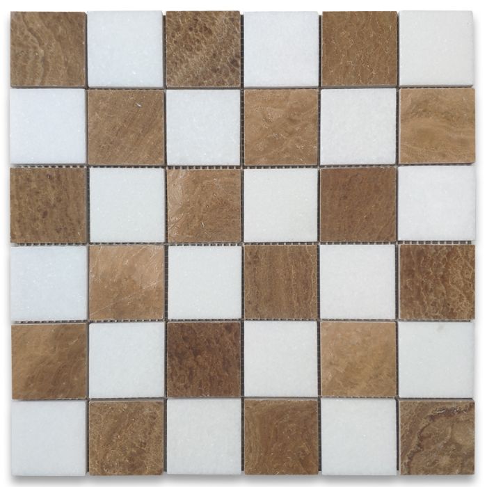 Thassos White Yellow Woodgrain Marble 2x2 Checkerboard Mosaic Tile Polished