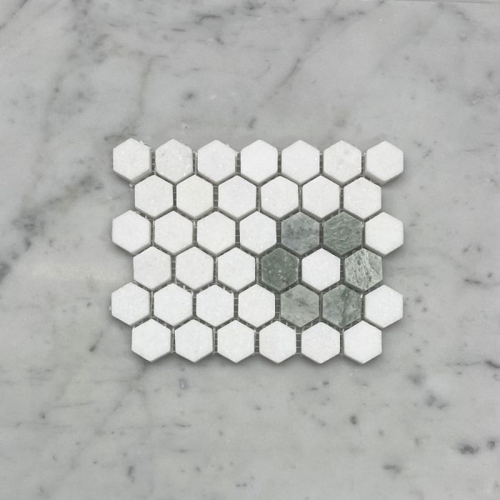(Sample) Thassos White Marble 1 inch Hexagon Rosette Mosaic Tile w/ Ming Green Honed