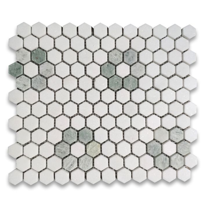 Thassos White Marble 1 inch Hexagon w/ Ming Green Marble Rosette