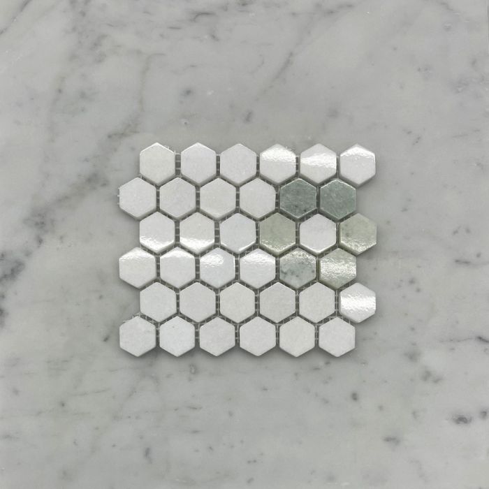 (Sample) Thassos White Marble 1 inch Hexagon Rosette Mosaic Tile w/ Ming Green Polished