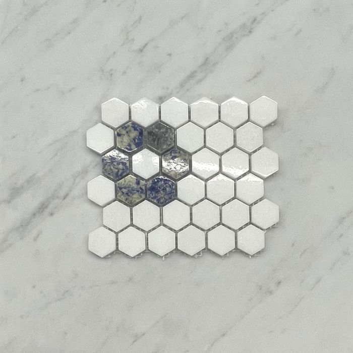 (Sample) Thassos White Marble 1 inch Hexagon Rosette Mosaic Tile w/ Azul Macaubas Blue Polished