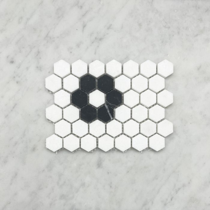 (Sample) Thassos White Marble 1 inch Hexagon Rosette Mosaic Tile w/ Nero Marquina Black Honed