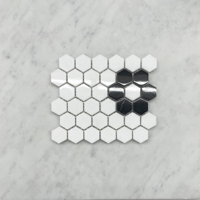 (Sample) Thassos White Marble 1 inch Hexagon Rosette Mosaic Tile w/ Nero Marquina Black Polished