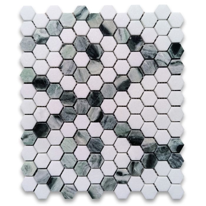 Thassos White Marble 1 inch Hexagon Diamond Flower Trellis Mosaic Tile w/ Sagano Vibrant Green Polished