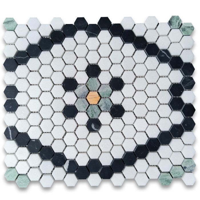 Thassos White Marble 1 inch Hexagon Historic Snowflake Mosaic Tile w