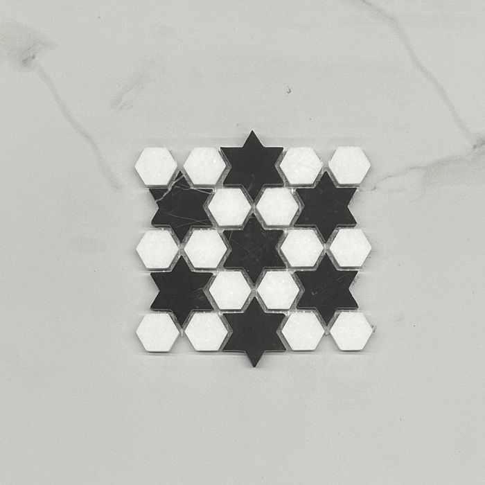 (Sample) Thassos White Marble 1 inch Starry Night Hexagram Hexagon Mosaic Tile w/ Nero Marquina Black Honed