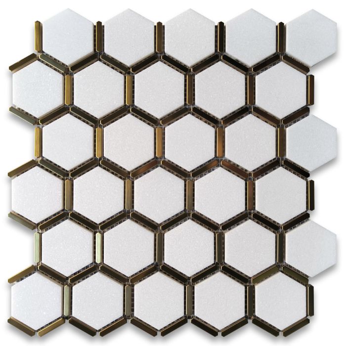Thassos White Marble 2 inch Hexagon Mosaic Tile w/ Brass Strips Honed