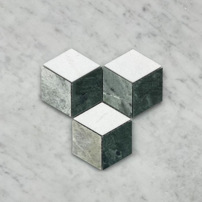 (Sample) Thassos White Marble 2x3 Illusion 3D Cube Rhombus Diamond Hexagon Mosaic Tile w/ Green Marble Honed