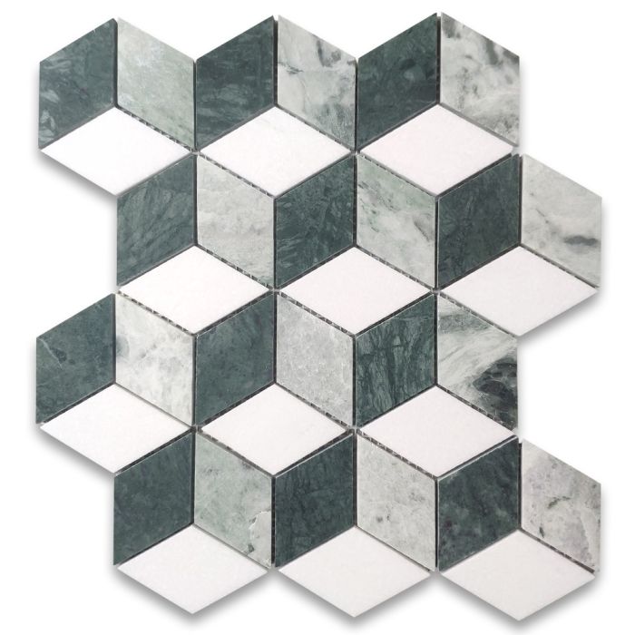 Thassos White Marble 2x3 Illusion 3D Cube Rhombus Diamond Hexagon Mosaic Tile w/ Green Marble Honed