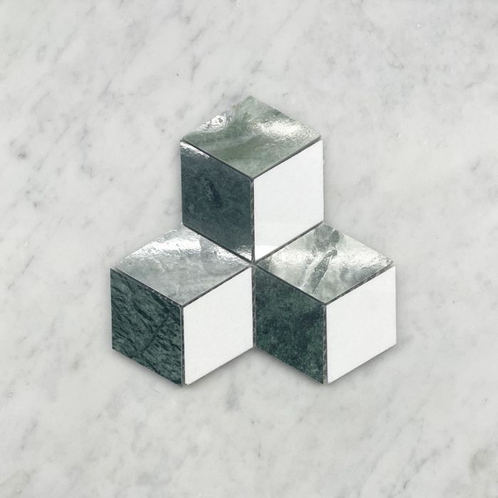 (Sample) Thassos White Marble 2x3 Illusion 3D Cube Rhombus Diamond Hexagon Mosaic Tile w/ Green Marble Polished