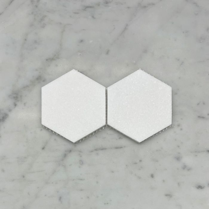 (Sample) Thassos White Marble 4 inch Hexagon Mosaic Tile Honed