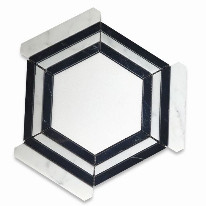 Thassos White Marble 5 inch Hexagon Georama Geometric Mosaic Tile w/ Nero Marquina Black Carrara White Strips Polished