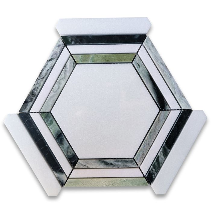 Thassos White Marble 5 inch Hexagon Georama Geometric Mosaic Tile w/ Sagano Vibrant Green Strips Polished