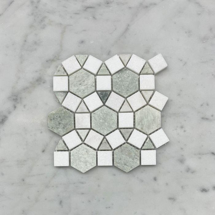(Sample) Thassos White Marble 1-1/2 inch Hexagon Sunflower Ring Waterjet Mosaic Tile w/ Ming Green Honed