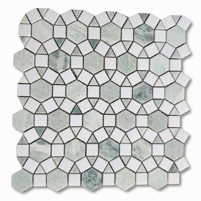 Thassos White Marble 1-1/2 inch Hexagon Sunflower Ring Waterjet Mosaic Tile w/ Ming Green Honed