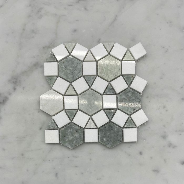 (Sample) Thassos White Marble 1-1/2 inch Hexagon Sunflower Ring Waterjet Mosaic Tile w/ Ming Green Polished