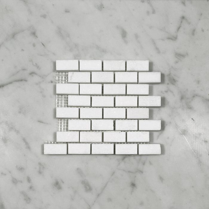 (Sample) Thassos White Marble 5/8x1-1/4 Medium Brick Mosaic Tile Honed