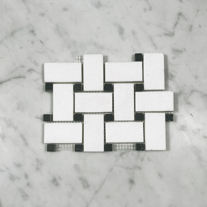 (Sample) Thassos White Marble 1x2 Basketweave Mosaic Tile w/ Nero Marquina Black Dots Honed