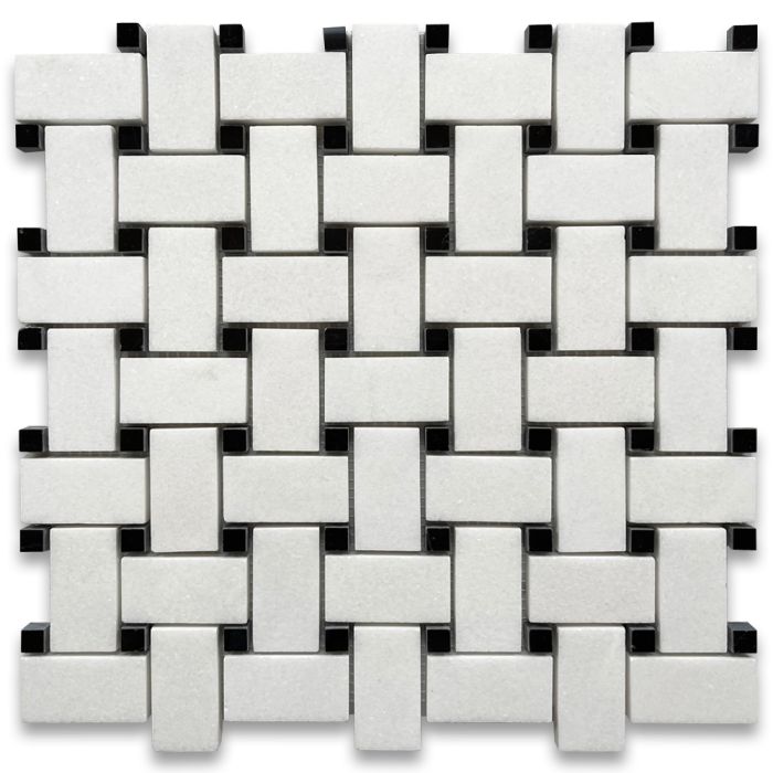 Thassos White Marble 1x2 Basketweave Mosaic Tile w/ Nero Marquina Black Dots Polished