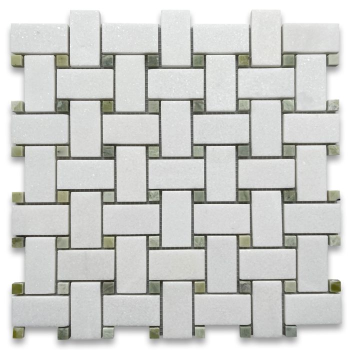 Thassos White Marble 1x2 Basketweave Mosaic Tile w/ Green Jade Dots Honed