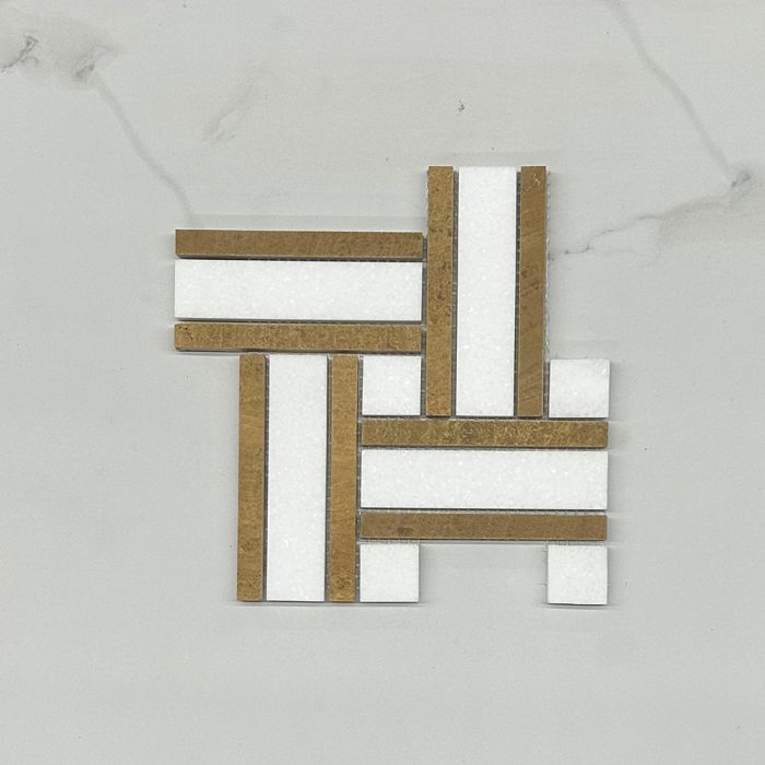 (Sample) Thassos White Marble 1 inch Twine Basketweave Mosaic Tile w/ Yellow Woodgrain Honed
