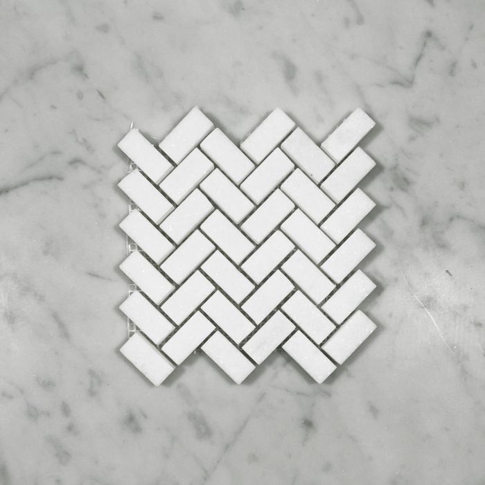 (Sample) Thassos White Marble 5/8x1-1/4 Herringbone Mosaic Tile Honed