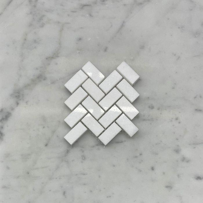 (Sample) Thassos White Marble 5/8x1-1/4 Herringbone Mosaic Tile Polished