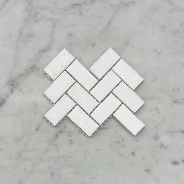 (Sample) Thassos White Marble 1x2 Herringbone Mosaic Tile Honed