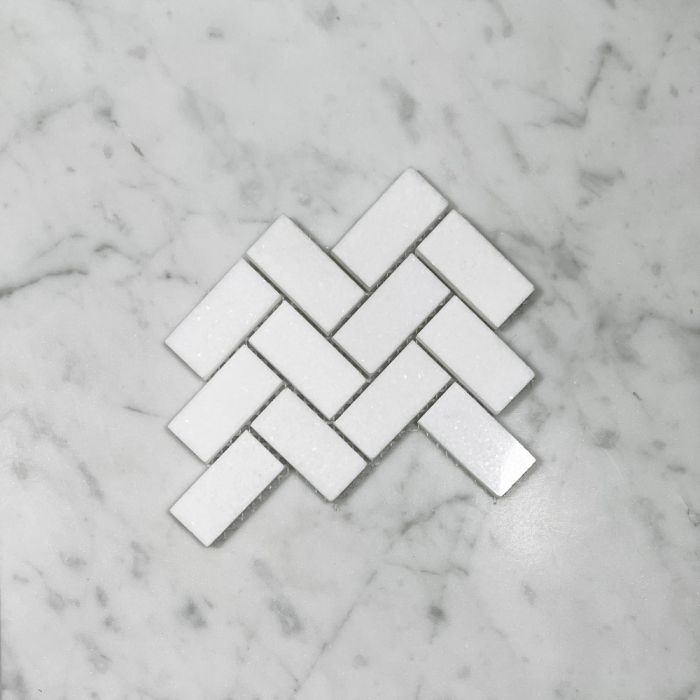 (Sample) Thassos White Marble 1x2 Herringbone Mosaic Tile Polished