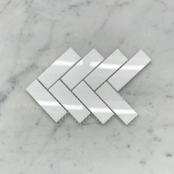 (Sample) Thassos White Marble 1x3 Herringbone Mosaic Tile Polished