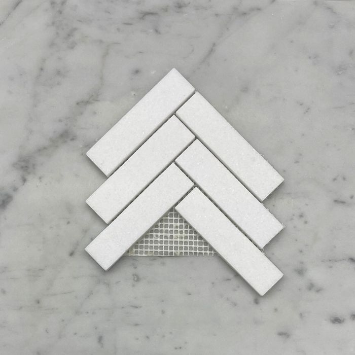 (Sample) Thassos White Marble 1x4 Herringbone Mosaic Tile Honed