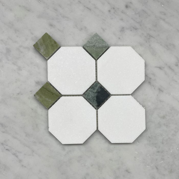 (Sample) Thassos White Marble 3 inch Octagon Mosaic Tile w/ Sagano Green Dots Honed