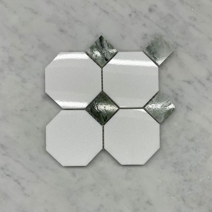 (Sample) Thassos White Marble 3 inch Octagon Mosaic Tile w/ Sagano Green Dots Polished